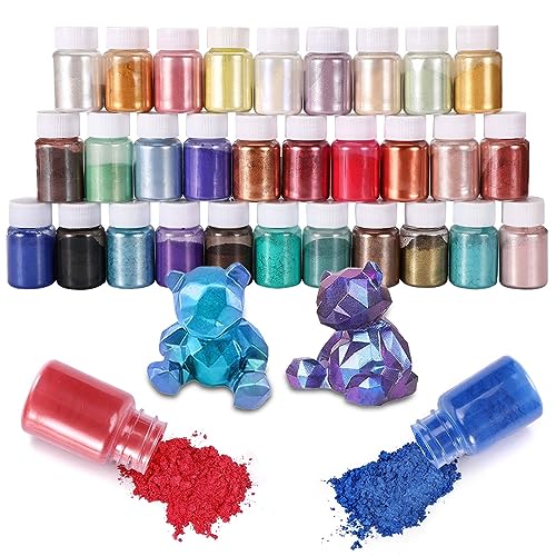 Mkitnvy Epoxidharz Farbe Mica Pulver, 32 Farbe*10g Perlglanz Epoxidharz Pigment metallischer Pulver für Seifenfarbe, Seife, Gießharz, Badebombe, Kerze, Kosmetik, DIY von Mkitnvy