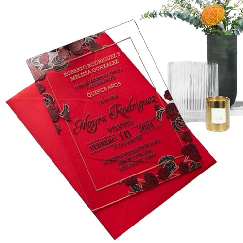 Mkiujhn Einladungen für Hochzeitsempfang | Klare elegante Acrylkarten-Einladungen | Rot Gold Blumen Acryl Rechteck Hochzeitseinladungskarte für von Mkiujhn