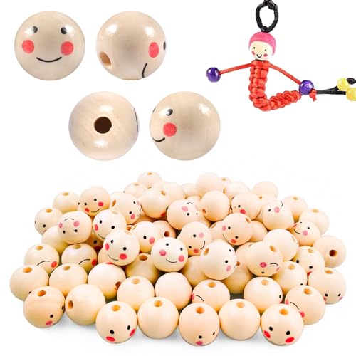 60 Stück Natural Wooden Beads 20 mm with Face, Smile Face Wooden Beads, Holzperlen mit Gesicht, Wooden Balls with Hole, für Dekoration, Kunsthandwerk, DIY-Schmuck, Armbänder von Mlczwt