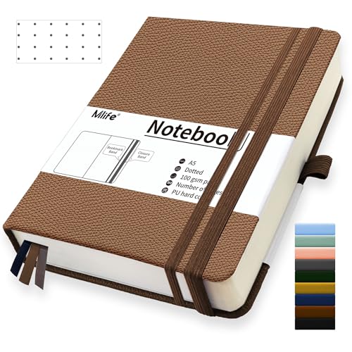 Mlife A5 Dotted Journal Notizbuch,360 Seiten Und 100g/M² Tintenfestes Papier,Hardcover Collegeblock Notizblock,Notizbücher Mit Falttasche Für Büro Schule Zuhause Schreiben&Notizen(Braun) von Mlife