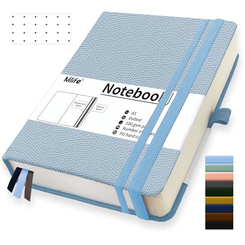 Mlife A5 Dotted Journal Notizbuch,360 Seiten Und 100g/M² Tintenfestes Papier,Hardcover Collegeblock Notizblock,Notizbücher Mit Falttasche Für Büro Schule Zuhause Schreiben&Notizen(Hellblau) von Mlife