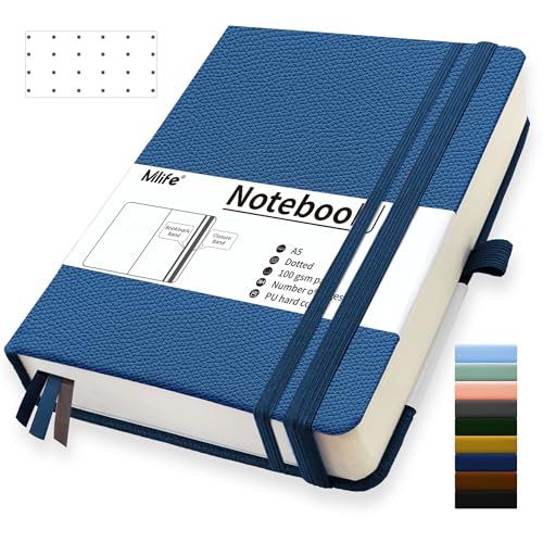 Mlife A5 Dotted Journal Notizbuch,360 Seiten Und 100g/M² Tintenfestes Papier,Hardcover Collegeblock Notizblock,Notizbücher Mit Falttasche Für Büro Schule Zuhause Schreiben&Notizen(Blau) von Mlife