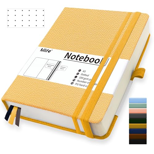 Mlife A5 Dotted Journal Notizbuch,360 Seiten Und 100g/M² Tintenfestes Papier,Hardcover Collegeblock Notizblock,Notizbücher Mit Falttasche Für Büro Schule Zuhause Schreiben&Notizen(Gelb) von Mlife