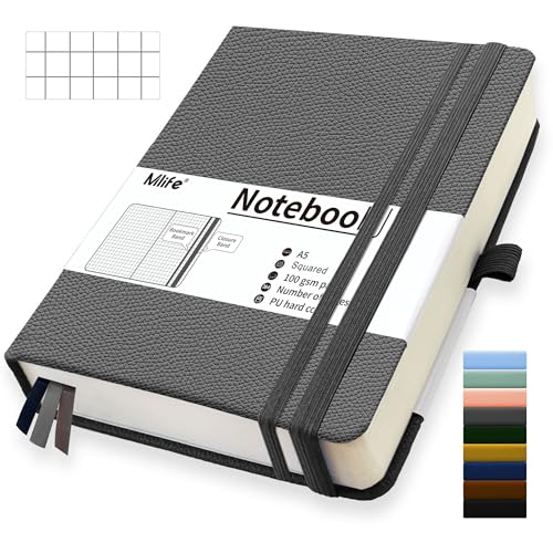 Mlife A5 Kariert Journal Notizbuch,360 Seiten Und 100g/M² Tintenfestes Papier,Hardcover Collegeblock Notizblock,Notizbücher Mit Falttasche Für Büro Schule Zuhause Schreiben&Notizen(Grey) von Mlife