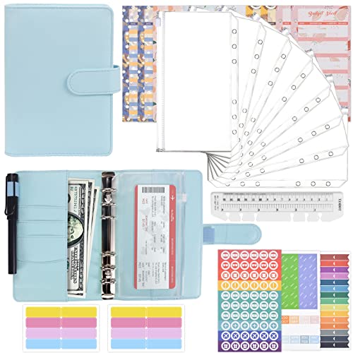 Mlife A6 Budget Planner kit,6 Löcher Loseblatt Notizbuch mit 8pcs Binder Taschen 12 Budgetblätter,20 Stück Etikettenaufklebern Notebook Ringbuchordner, passendem Aufkleber und Etikett(Blau) von Mlife