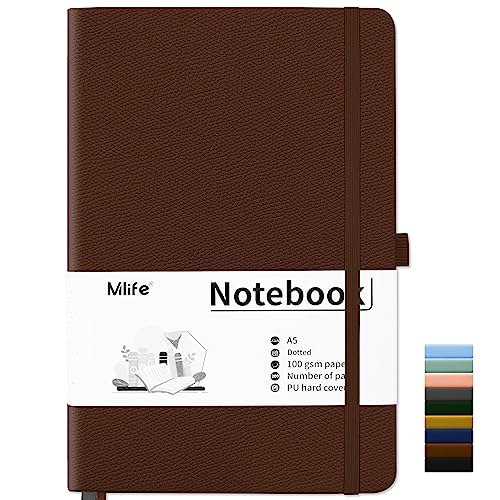 Mlife Notebook A5,Dotted Journal Buch mit 200 Seiten, Premium 100gsm Tintenfestes Papie Dickes,PU Hard Cover Notizbuch,Innentasche,Elastisch Gebändert,bullet journal&Dotted Notizblock A5(Braun) von Mlife