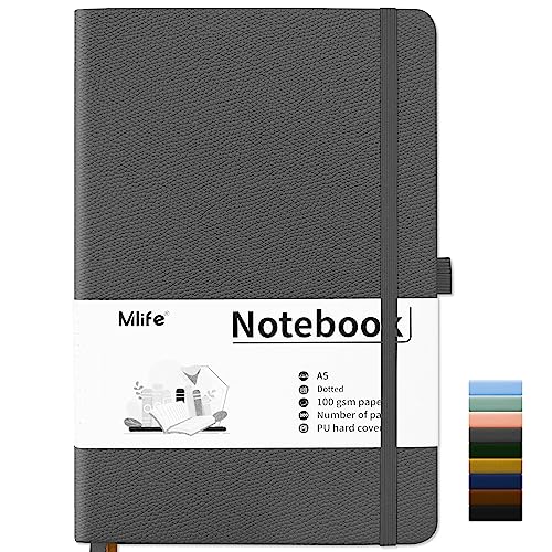 Mlife Notebook A5,Dotted Journal Buch mit 200 Seiten, Premium 100gsm Tintenfestes Papie Dickes,PU Hard Cover Notizbuch,Innentasche,Elastisch Gebändert,bullet journal&Dotted Notizblock A5(Grey) von Mlife