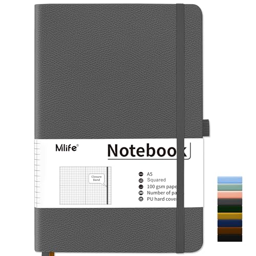 Mlife Notizbuch A5 Kariert,200 Seiten Notizbücher Hardcover,Premium 100gsm Tintenfestes Papie Dickes,PU Hard Cover Notebook,Innentasche,Elastisch Gebändert,Bullet journal&Notizblock,Tagebuch(Grey) von Mlife