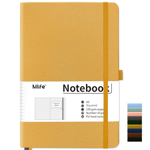 Mlife Notizbuch A5 Kariert,200 Seiten Notizbücher Hardcover,Premium 100gsm Tintenfestes Papie Dickes,PU Hard Cover Notebook,Innentasche,Elastisch Gebändert,Bullet journal&Notizblock,Tagebuch(Gelb) von Mlife