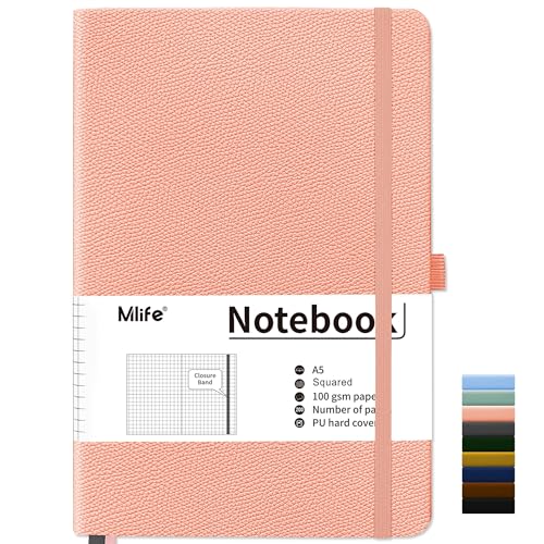 Mlife Notizbuch A5 Kariert,200 Seiten Notizbücher Hardcover,Premium 100gsm Tintenfestes Papie Dickes,PU Hard Cover Notebook,Innentasche,Elastisch Gebändert,Bullet journal&Notizblock,Tagebuch(Rosa) von Mlife