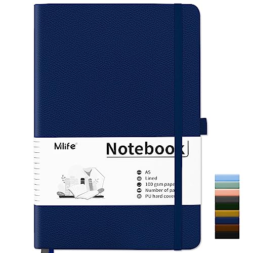 Mlife Notizbuch liniert A5,Journal Buch mit 200 Seiten,Premium 100gsm Tintenfestes Papie Dickes,PU Hard Cover Notebook,Innentasche,Elastisch Gebändert,bullet journal & Notizblock Hardcover(Blau) von Mlife