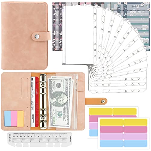 Mlife Ringbuch,Budget Planner - 26pcs Leder Notizbuch Ordner mit Klar Plastik Binderumschlägen,Budgetblätter,Etikettenaufklebern,Geld Aufbewahrung ​Sparbuch für Reisen und Tagebuch (Rosa) von Mlife