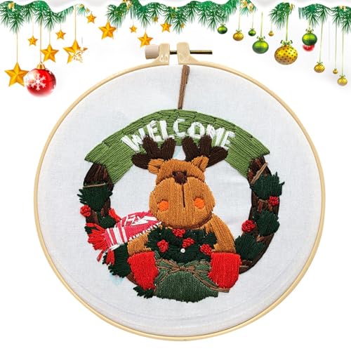 Mlllokfki Holiday Embroidery Kits für Erwachsene | Christmas Stocking Kit mit 7,87 Zoll Hoop | Elk Design Hand Needlepoint Set für fröhliches Handwerk für alle Altersgruppen von Mlllokfki