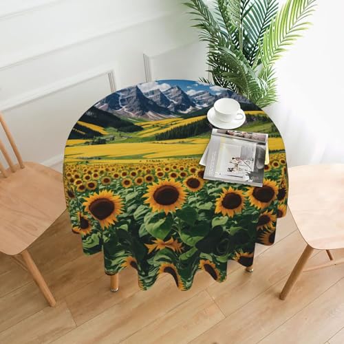 Sommer-Tischdecken, passend für runde Tische, 50,8–119,4 cm, wasserdichte Tischdecke für Outdoor-Picknick-Party, Zuhause, Esszimmer, Dekoration, Essentials – Sonnenblume über den Bergen und dem Feld von Mlmnbvc