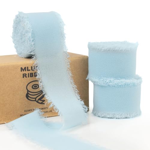 Mlurcu Babyblaues Chiffonband, 2,5 cm x 20,5 m, handgefertigtes Fransenband, Chiffon-Seidenband, Boho, ausgefranstes Band, hellblaues Band für Geschenkverpackungen, Hochzeitseinladungen, von Mlurcu