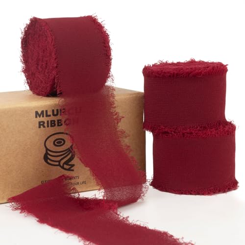 Mlurcu Burgunderrotes Chiffonband, 2,5 cm x 20,5 m, handgefertigtes Fransenband, Chiffon-Seidenband, Boho, ausgefranstes Band, burgunderrotes Band für Geschenkverpackungen, Hochzeitseinladungen, von Mlurcu