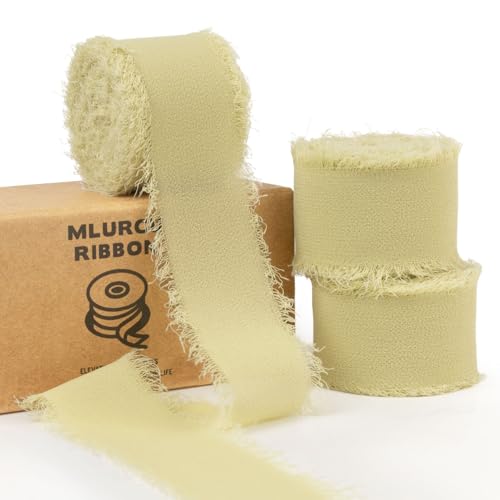 Mlurcu Chartreuse Chiffonband, handgefertigt, Fransen, Chiffon, Seidenband, Boho, ausgefranstes Band, staubgelbes Band für Geschenkverpackungen, Hochzeitseinladungen, Brautblumensträuße von Mlurcu