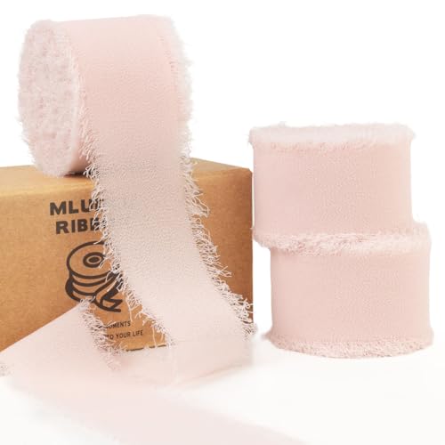 Mlurcu Chiffonband, handgefertigt, Fransen, Chiffon, Seidenband, Boho, ausgefranst, hellrosa Band für Geschenkverpackungen, Hochzeitseinladungen, Brautblumensträuße von Mlurcu