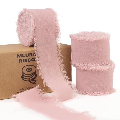 Mlurcu Chiffonband mit Dusty Rose, 2,5 cm x 20,5 m, Boho, ausgefranst, Mauve, handgefertigtes Fransen-Chiffon-Seidenband, altrosa Band für Geschenkverpackungen, Hochzeitseinladungen, von Mlurcu