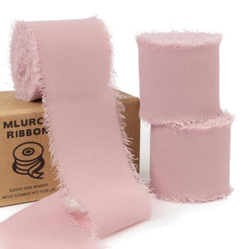 Mlurcu Chiffonband mit Dusty Rose, 3,8 cm x 20,9 m, Boho, ausgefranst, Mauve, handgefertigtes Fransen, Chiffon-Seidenband, altrosa Band für Geschenkverpackungen, Hochzeitseinladungen, von Mlurcu