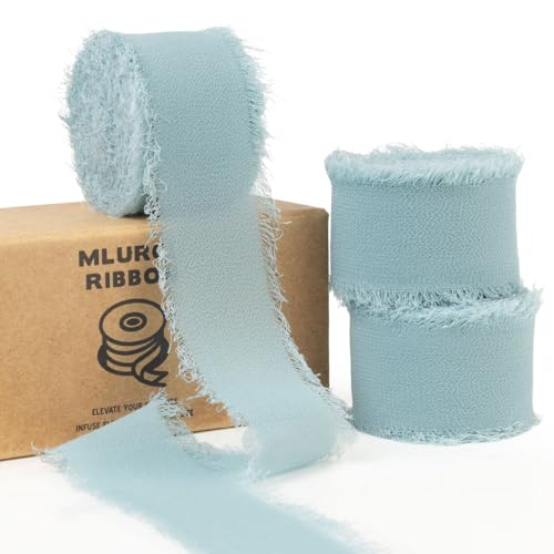 Mlurcu Haze Blue Chiffonband 2,5 cm x 20,5 m, handgefertigt, Fransen Chiffon Seidenband Boho ausgefranstes Band blaues Chiffonband für Geschenkverpackungen, Hochzeitseinladungen, Brautblumensträuße von Mlurcu