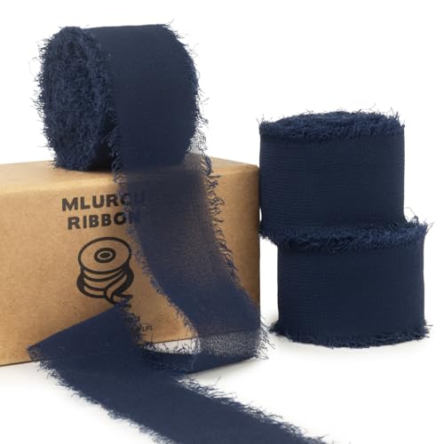 Mlurcu Marineblaues Chiffonband, 2,5 cm x 20,5 m, handgefertigtes Fransenband, Chiffon-Seidenband, ausgefranstes Band, marineblaues Band für Weihnachtsgeschenkverpackungen, Hochzeitseinladungen, von Mlurcu