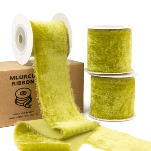 Mlurcu Grünes Samtband, 5,1 cm breit, hellmoosgrünes Samtband, handgefertigt, ausgefranstes Samtband, Chartreuse, Samtband für Weihnachten, Geschenkverpackung, Hochzeitseinladungen, Blumenstrauß von Mlurcu