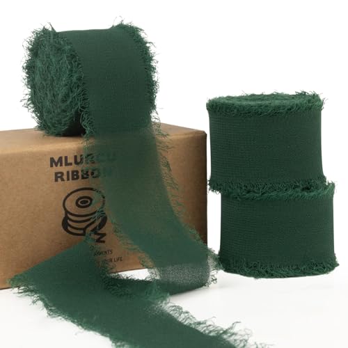 Mlurcu Waldgrünes Chiffonband, 2,5 cm x 20,5 m, handgefertigtes Fransen-Chiffon-Seidenband, Boho, ausgefranstes Band, dunkelgrünes Band für Geschenkverpackungen, Hochzeitseinladungen, von Mlurcu