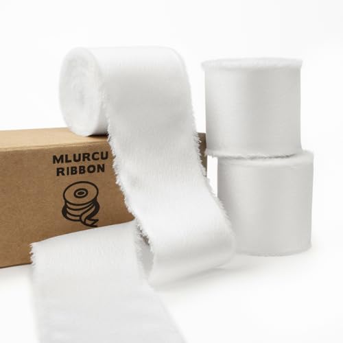 Mlurcu Weißes Seiden-Satinband, 3,8 cm x 21 m, handgefertigt, ausgefranst, Chiffon-Stoffband, weißes Band für Geschenkverpackungen, Brautblumenstrauß, Hochzeitseinladung, Babyparty, Heimdekoration von Mlurcu