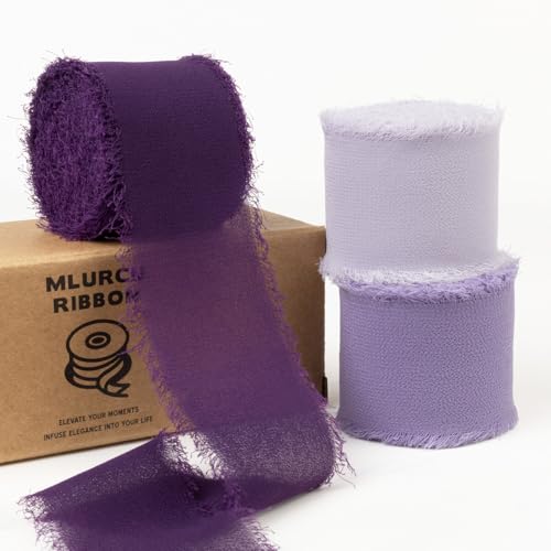 Violettes Chiffonband, 3,8 cm x 20,8 m, handgefertigtes Fransen-Chiffonband, Lavendel/Lila/Dunkelviolett, ausgefranstes Chiffonband für Hochzeitseinladungen, Blumensträuße, Geschenkverpackung, von Mlurcu