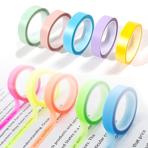 10 Rollen Transparente Haftnotizen, Abnehmbare Fluoreszierende Farbige Tags, Highlight Strips, Fluoreszierende Haftstreifen, Textmarker Klebeband für Notizen, Für Schüler Klasse Büro (5M/Rollen) von Mmgoqqt