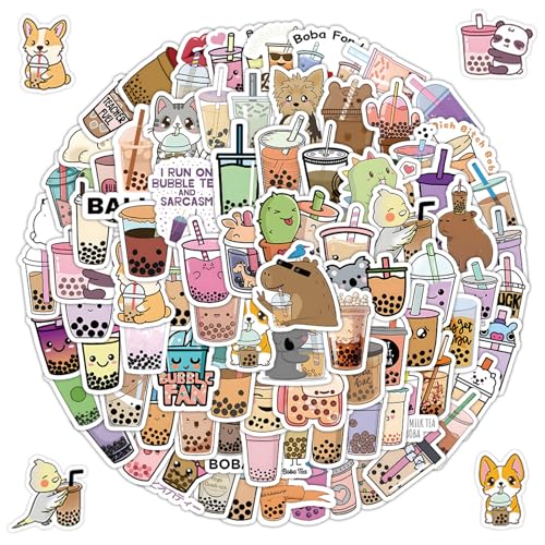 100 Pcs Bubble Tea Aufkleber, Cartoon Getränke Aufkleber, Wasserfeste Aufkleber Sticker Set, Wasserdichtes und Niedliches Selbstklebendes Papier, Tiere Stickers Set von Mmgoqqt