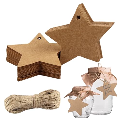 100 Stück Stern Geschenkanhänger Kraftpapier, Stern Geschenk Anhänger, mit 20m Jute-Schnur, für Weihnachtsgeschenke Dekoration, Hochzeitskarten, Geschenkanhänger, DIY-Etikett, Preisschild von Mmgoqqt