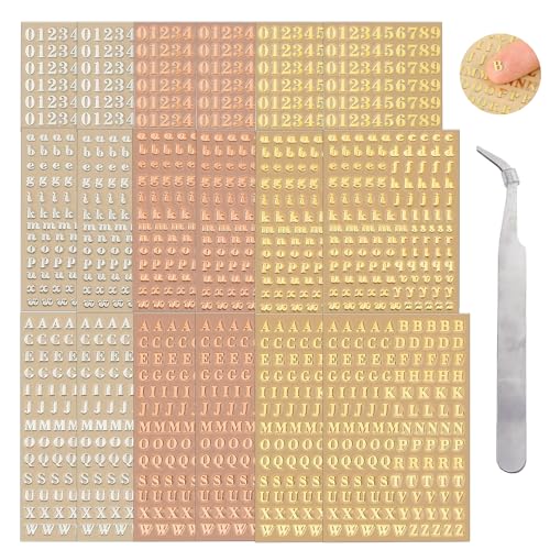 18 Blatt Harz Buchstaben Aufkleber, Alphabet Zahlen Aufkleber, Mini Buchstaben Zahlen Aufkleber mit Pinzette, Metallic Buchstaben Aufkleber für DIY Handwerk Scrapbooking und Grußkarten (3mm) von Mmgoqqt