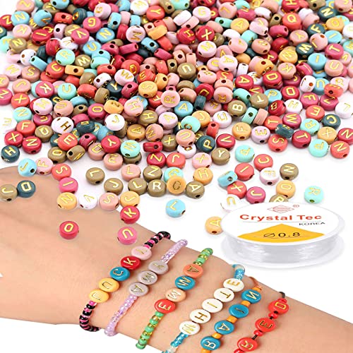 Buchstaben Perlen zum Auffädeln, 300 Stück bunt perlen, mit aelastischer Kordel, Cube Alphabet Buchstaben Spacer Perlen für DIY Armband Haarband Basteln (Größe: 4 * 7 mm) von Mmgoqqt