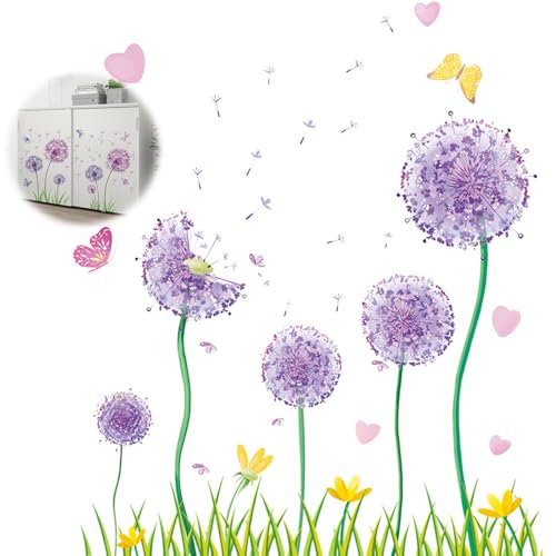 Mmgoqqt 2Pcs Wandtattoo Pusteblume, Blumen Wandtattoo für Kinderzimmer Mädchen, Wandtattoo Blumen Lila, Wandtattoo Pusteblume für Schlafzimmer, Schmetterling Pflanzen Blumen Wandaufkleber von Mmgoqqt