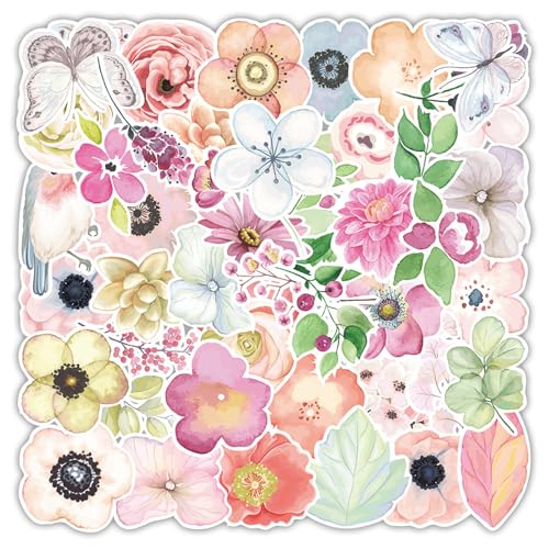 Mmgoqqt Vinyl Blumen Aufkleber, 50pcs Wasserfeste Aufkleber, Niedliche Aesthetic Blumen Aufkleber, Aufkleber für Kinder Teenager, Aufkleber für Laptop, Telefon, Wasserflasche, Skateboard, Koffer von Mmgoqqt