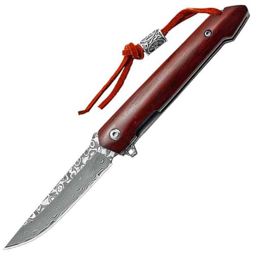 Mmoa Outdoor messer Survival Tragbar taschenmesser aus stahl damask holz Handliches Handwerkzeuge EDC klappmesser mit Lederschnüre von Mmoa