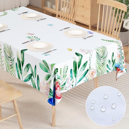 Mngevcy 100 x 140 cm Eckig Abwaschbar Tischdecke Outdoor aus Polyester, Wasserabweisend & Fleckschutz, Gut gestaltete Tischdecken mit Blumenmuster für Gartentisch, Esstisch, Weiß von Mngevcy