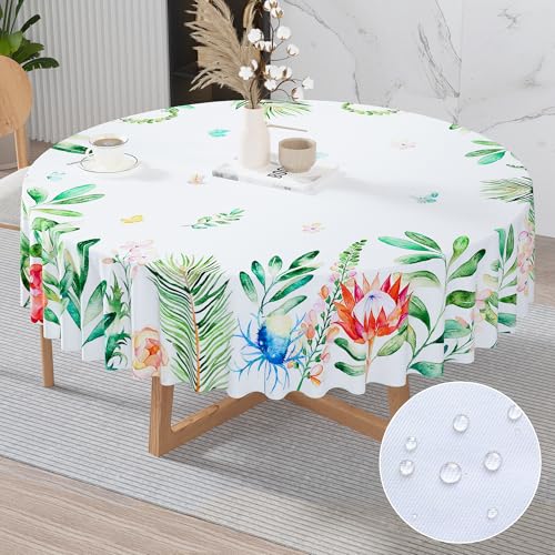 Mngevcy 120cm Abwaschbar Tischdecke Outdoor Rund aus Polyester, Wasserabweisend & Fleckschutz, Gut gestaltete Tischdecken mit Blumenmuster für Gartentisch, Esstisch, Weiß von Mngevcy