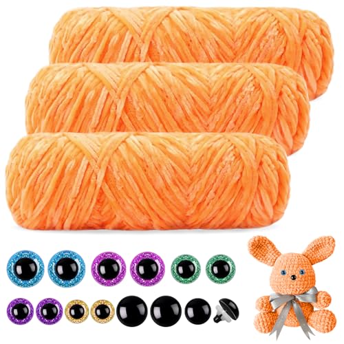 Mngevcy 3 x 150 m Chenille Wolle zum Häkeln, Flauschige Wolle, Weiche Chenille Garn mit Sicherheitsaugen für Stricken (Orange) von Mngevcy