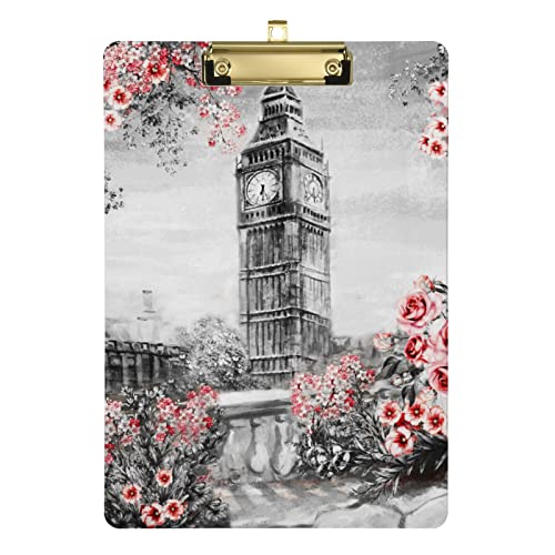 Klemmbrett London Landschaft Blume Rose A4 Briefgröße Dekorative Hartfaserplatte mit niedrigem Profil Metall Silber Clip 23 x 32 cm für Studenten, Krankenschwestern, Büro von Mnrsuu