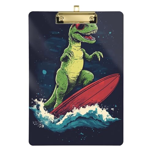 A Surfing Green Dinosaurier-Acryl-Klemmbrett mit Metallclip, Standard-A4-Größe, 31,8 x 22,9 cm, Klemmbretter für Krankenschwestern, Studenten, Lehrer, Frauen, Männer, Klassenzimmer, Büro von Mnsruu