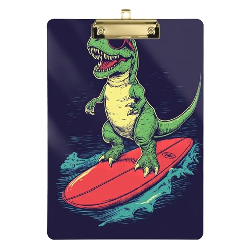 Cooles Surfing grünes Dinosaurier-Acryl-Klemmbrett mit Metallclip, Standard-A4-Größe, 31,8 x 22,9 cm, Klemmbretter für Krankenschwestern, Studenten, Lehrer, Frauen, Männer, Klassenzimmer, Büro von Mnsruu