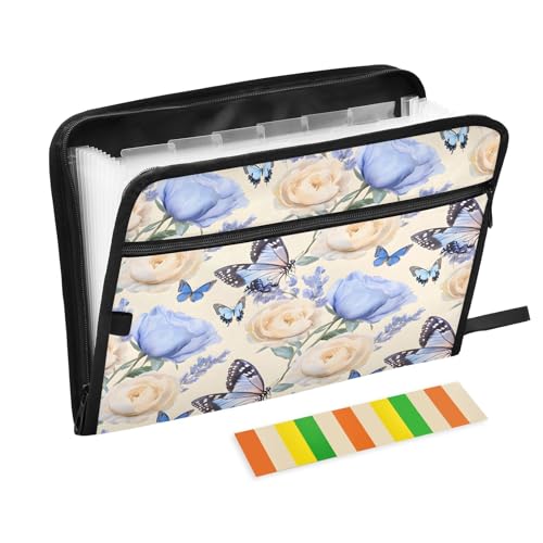 Dokumenten-Organizer mit 13 Fächern, Fächermappe mit Vordertasche, tragbar, mit Reißverschluss, Motiv: Blaue Schmetterlinge und Rosen Dokumenten-Organizer mit 13 Fächern, Fächermappe mit Vordertasche, tragbar, mit Reißverschluss, Motiv: Blaue Schmetterlinge und Rosen von Mnsruu