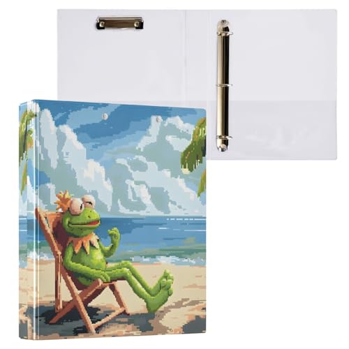 Kermit 3-Ringbuch, der Frosch entspannt am Strand, runder Ringbuch, 3,8 cm, Sichtbinder, 200 Blatt, A4-Papierbinder-Organizer für Zuhause, Schule, Büro, 1 Stück von Mnsruu