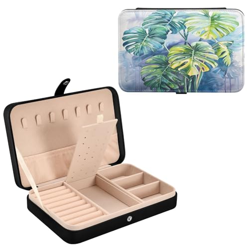 Leder-Schmuckschatulle, bemalte Monstera-Pflanze, Halskette, Ring, Ohrringe, Organizer für Damen, Reise-Schmuck-Organizer von Mnsruu