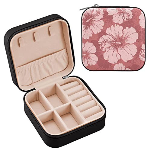 Mnsruu Rosa Hibiskus Blumen Schmuckschatulle Halskette Ring Aufbewahrung Organizer Mini Schmuck Etui Ohrringe Leder Schmuck Reise Organizer für Frauen Mädchen Freundin Frau Geschenk von Mnsruu