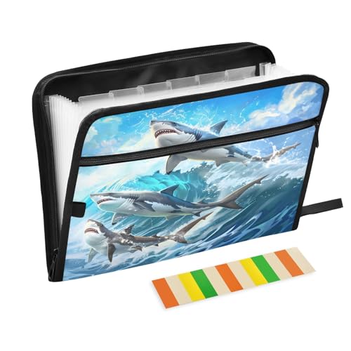 Three Beautiful Sharks Jumped Over The Waves 13 Pocket File Organizer Expanding File Folder with Front Pouch Portable Business Fire Storage Document Organizer Folder with Zipper von Mnsruu