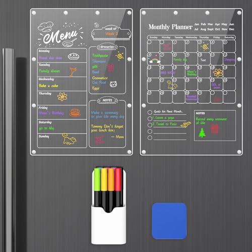 MoKo Acryl Magnetischer Wochenplaner für Kühlschrank, 43cm x 30cm Trocken Abwischbar Monatskalender & Wochenplaner, Menüplaner Speiseplaner mit 8 Markern, 1 Radiergummi, 1 Halter, Transparent von MoKo